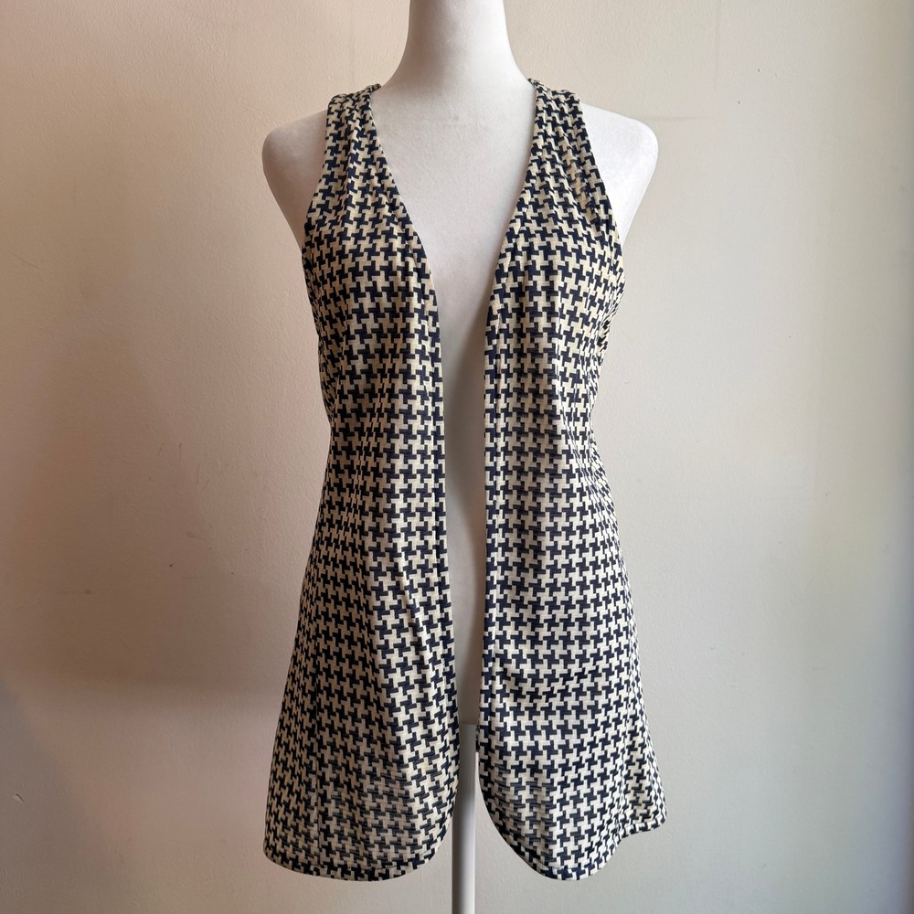 Vintage  70s Houndstooth Vest Navy‎ Cream 6 Longline Open Front ILGWU
